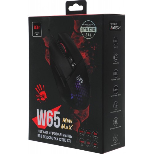 Купить оптическую мышь A4Tech Bloody W65 Max Mini черного цвета с 12000dpi и 9 кнопками – идеальный выбор для геймеров!