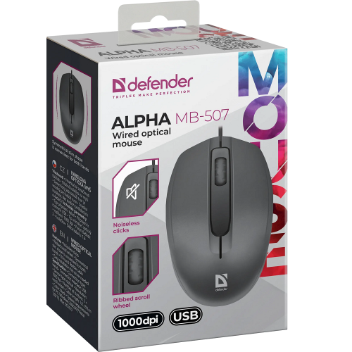 Купите Defender Проводную оптическую мышь Alpha MB-507 черную: 3D, бесшумная, 1,8 м — идеальный выбор для комфортной работы!
