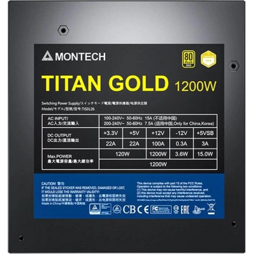 Блок питания Montech ATX 1200W TITAN GOLD Gen.5 с 80+ Gold сертификацией и 135mm вентилятором для надежного питания вашей системы
