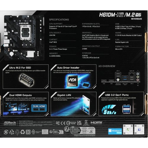Купить материнскую плату Asrock H610M-H2/M.2 D5 для Intel 1700 с поддержкой DDR5 и HDMI - mATX, 8ch звук, GbLAN