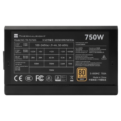Блок питания ПК/ Power Supply Thermalright, 750W 80+ Gold (ATX, 3.0, PCIe 5.0, Non-modular, 1x24(20+4)pin, 1xCPU 8(4+4)pin, 2xPCIe*2 8(6+2)pin, 5xSATA3, 1x12+4pin (12VHPWR PCIe 5.0 12+4pin 600mm), 3xMOLEX4pin, Active, 120x120mm, 150x140x86mm, APFC, black)
