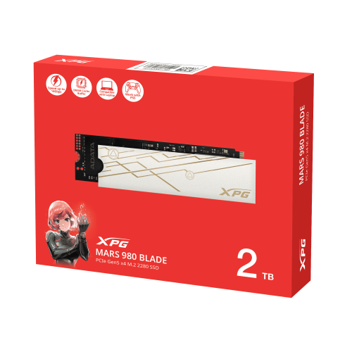 Твердотельный накопитель/ ADATA SSD XPG MARS 980 BLADE, 2000GB, M.2(22x80mm), NVMe, PCIe 5.0 x4, 3D NAND, R/W 14000/13000MB/s, IOPs 2 000 000/1 650 000, TBW 1480, DWPD 0.4, with Heat Sink (5 лет) ADATA