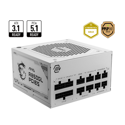 Блок питания ПК/ Power Supply MSI MAG A850GL PCIE5 WHITE, 850W 80+ Gold (ATX, 3.1, PCIe 5.1, Full modular, 1x24(20+4)pin, 2xCPU 8(4+4)pin, 4xPCIe*2 8(6+2)pin, 1x12VHPWR, 8xSATA3, 4xMOLEX4pin, Active, 120x120mm, 140x150x86mm, APFC, white) MSI
