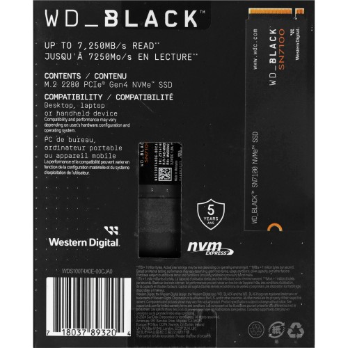 Твердотельные накопители/ WD SSD Black SN7100, 1000GB, M.2(22x80mm), NVMe, PCIe 4.0 x4, 3D TLC, R/W 7250/6900MB/s, IOPs 1 000 000/1 400 000, TBW 600, DWPD 0.3 (12 мес.) WD