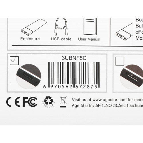Внешний корпус для SSD AgeStar 3UBNF5C: SATA III, USB 3.0, Type-C, алюминий, черный, M2 2280 B-key
