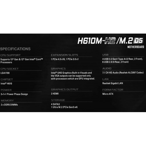 Купить материнскую плату Asrock H610M-H2/M.2 D5 для Intel 1700 с поддержкой DDR5 и HDMI - mATX, 8ch звук, GbLAN