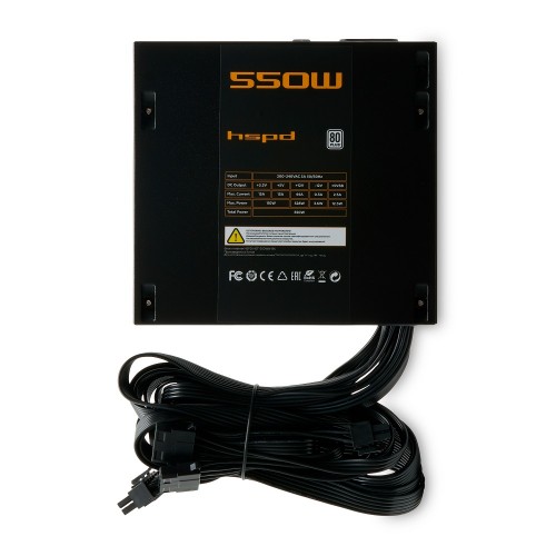 Блок питания/ Power Supply HSPD, 550W 80+ White (ATX, 2.31, Non-modular, 1x24(20+4)pin 500mm, 1xCPU 8(4+4)pin 550mm, 1xPCIe 8(6+2)pin 500mm, 1xSATA*3 400+150+150mm, 1xSATA*2 400+150mm, 1xMOLEX*2 400+150mm , Active, 120x120mm, 150x140x86mm, APFC, OVP, OPP,