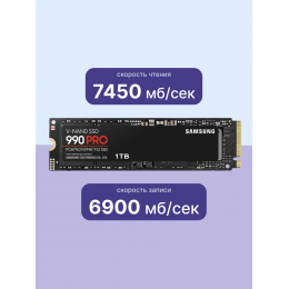 Твердотельный накопитель/ Samsung SSD 990 PRO, 1000GB, M.2(22x80mm), NVMe 2.0, PCIe 4.0 x4, V-NAND TLC, R/W 7450/6900MB/s, IOPs 1 200 000/1 550 000, DRAM buffer 1024MB, TBW 600, DWPD 0.33, with Heatsink (12 мес.)
