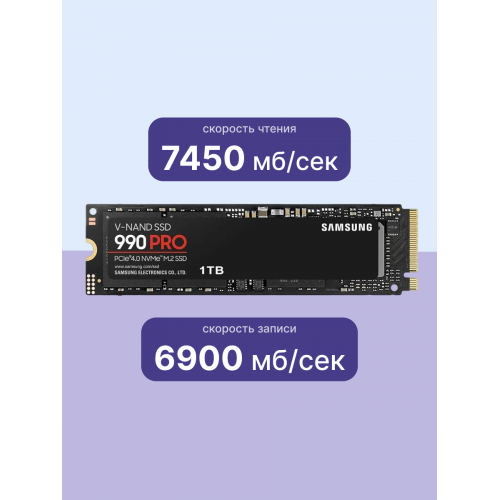 Твердотельный накопитель/ Samsung SSD 990 PRO, 1000GB, M.2(22x80mm), NVMe 2.0, PCIe 4.0 x4, V-NAND TLC, R/W 7450/6900MB/s, IOPs 1 200 000/1 550 000, DRAM buffer 1024MB, TBW 600, DWPD 0.33, with Heatsink (12 мес.) Samsung Electronics