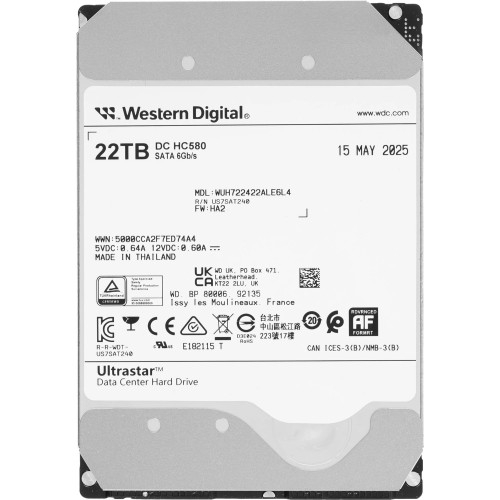 Жесткий диск/ HDD WD SATA Server 22Tb Ultrastar DC HC580 7200 6Gb/s 512MB 1 year warranty (replacement MG10AFA22TE, MG10ACA20TE, WUH722020CLE604, WUH722020BLE604, WUH722020BLE6L4)