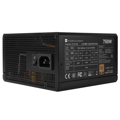 Блок питания ПК/ Power Supply Thermalright, 750W 80+ Gold (ATX, 3.0, PCIe 5.0, Non-modular, 1x24(20+4)pin, 1xCPU 8(4+4)pin, 2xPCIe*2 8(6+2)pin, 5xSATA3, 1x12+4pin (12VHPWR PCIe 5.0 12+4pin 600mm), 3xMOLEX4pin, Active, 120x120mm, 150x140x86mm, APFC, black)