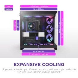 Корпус без блока питания/ Case NZXT H9 Flow RGB+ (2025), Midi-Tower, TG, 6x140mm RGB + 1x120mm RGB, 2xUSB-A 3.2 + 1xUSB-C 3.2, E-ATX, ATX, mATX, mITX Black