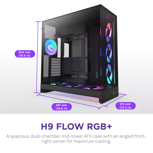 Корпус без блока питания/ Case NZXT H9 Flow RGB+ (2025), Midi-Tower, TG, 6x140mm RGB + 1x120mm RGB, 2xUSB-A 3.2 + 1xUSB-C 3.2, E-ATX, ATX, mATX, mITX Black NZXT