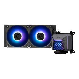 Система жидкостного охлаждения/ Water Cooling System MSI MAG CORELIQUID A15 240 (240W, 240mm, Black, ARGB/ Fans: 2x120mm, 64.89CFM, 28.7dBA, 2050RPM/ Pump 20dBA, 3400RPM, Rad thickness 27mm/ S: 1851, 1700, AM5, AM4)