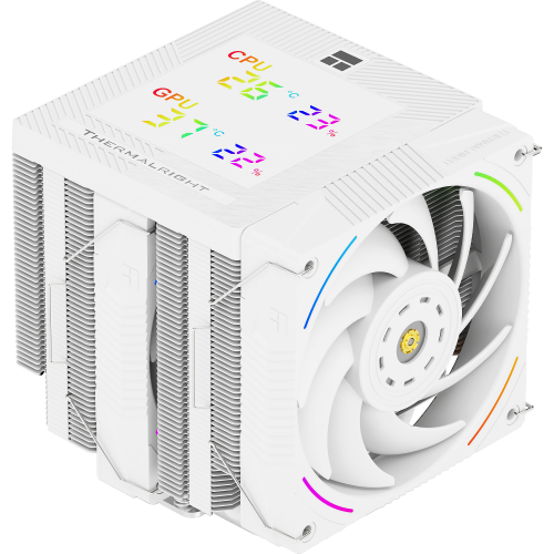 Кулер для процессора/ CPU Cooler Thermalright Phantom Spirit 120 Digital SNOW (4-pin PWM, LED temp., 160mm, Ni/CU, 7x6mm, ARGB, 2x120mm, 69CFM, 27dBA, 2150RPM, S: 1851, 1700, 1200, 115X, AM5, AM4, white) Thermalright