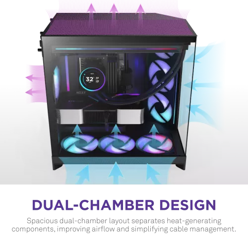 Корпус без блока питания/ Case NZXT H9 Flow RGB (2025), Midi-Tower, TG, 3x140mm RGB + 1x120mm, 2xUSB-A 3.2 + 1xUSB-C 3.2, E-ATX, ATX, mATX, mITX Black NZXT