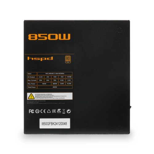 Блок питания/ Power Supply HSPD, 850W 80+ Gold (ATX, 3.1, PCIe 5.1, Full modular, 1x24(20+4)pin 600mm, 2xCPU 8(4+4)pin 700mm, 2xPCIe*2 8(6+2)pin 550+150mm, 1x12V(2x6) 12+4pin 600W 550mm 2xSATA*3 500+150+150mm, 1xMOLEX4pin*3+FDD 500+150+150+150mm , Active,