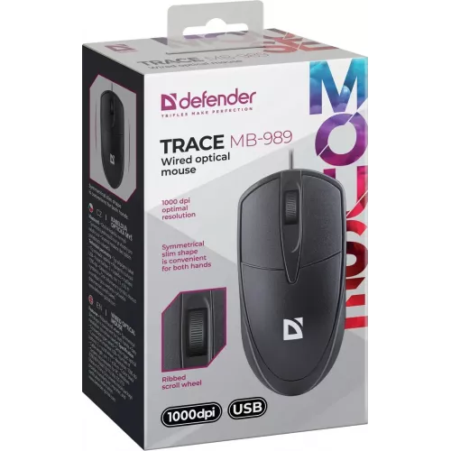 Defender Проводная оптическая мышь Trace MB-989 черн,3D,1,2м,1000dpi Defender