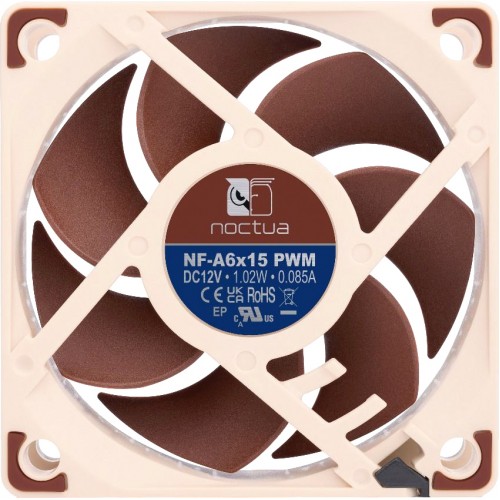 Кулер для корпуса/ Case Cooler Noctua NF-A6x15 PWM (60x60x15mm, 4-pin PWM, 23.4CFM, 19.8dBA, 3500RPM, Beige/Brown)
