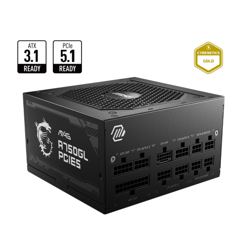 Блок питания ПК/ Power Supply MSI MAG A750GL PCIE5, 750W 80+ Gold (ATX, 3.1, PCIe 5.1, Full modular, 1x24(20+4)pin, 2xCPU 8(4+4)pin, 3xPCIe*2 8(6+2)pin, 1x12VHPWR, 8xSATA3, 4xMOLEX4pin, Active, 120x120mm, 140x150x86mm, APFC, black) MSI