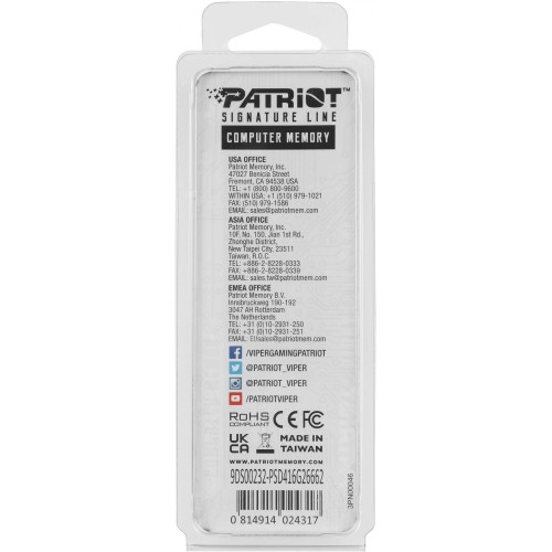 Память DDR4 16GB 2666MHz Patriot PSD416G26662 - Высокопроизводительный модуль для ПК