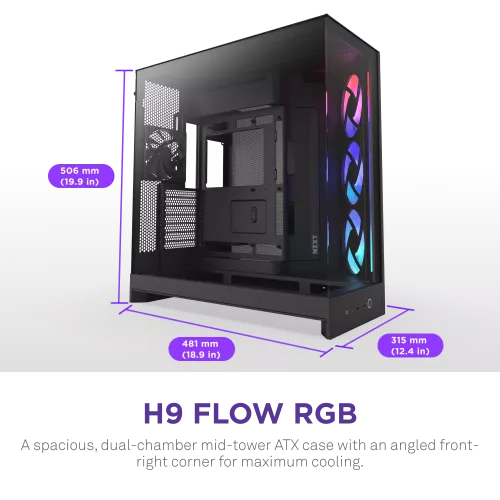 Корпус без блока питания/ Case NZXT H9 Flow RGB (2025), Midi-Tower, TG, 3x140mm RGB + 1x120mm, 2xUSB-A 3.2 + 1xUSB-C 3.2, E-ATX, ATX, mATX, mITX Black NZXT