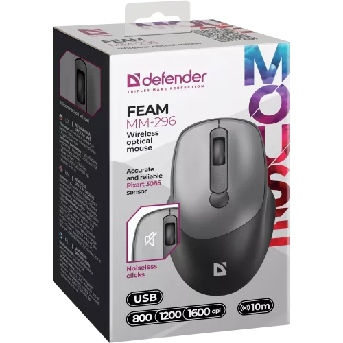 Defender Беспроводная оптическая мышь Feam MM-296 черный,4D,800-1600dpi,бесшумн Defender
