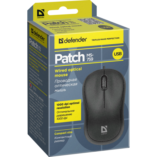 Defender Проводная оптическая мышь Patch MS-759 черный,3 кнопки,1000 dpi Defender