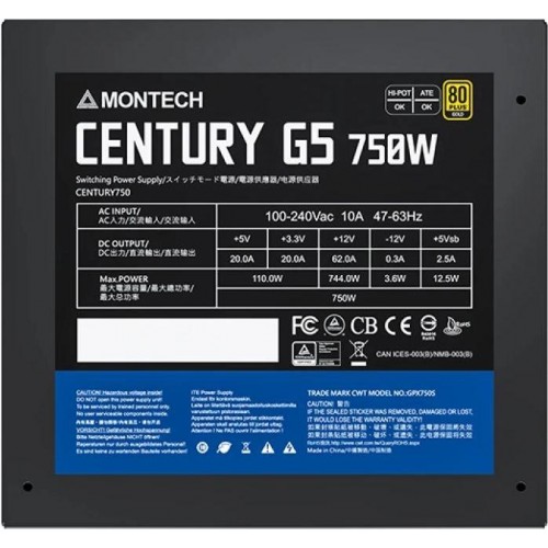 Блок питания Montech ATX 750W CENTURY GOLD G5 80+ Gold с 10xSATA и 120mm вентилятором - Высокая эффективность и надежность