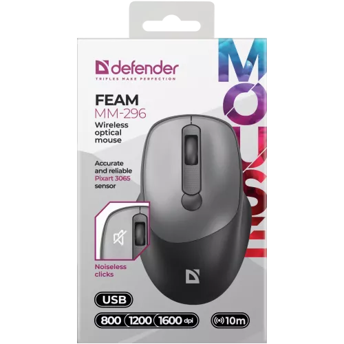 Defender Беспроводная оптическая мышь Feam MM-296 черный,4D,800-1600dpi,бесшумн Defender