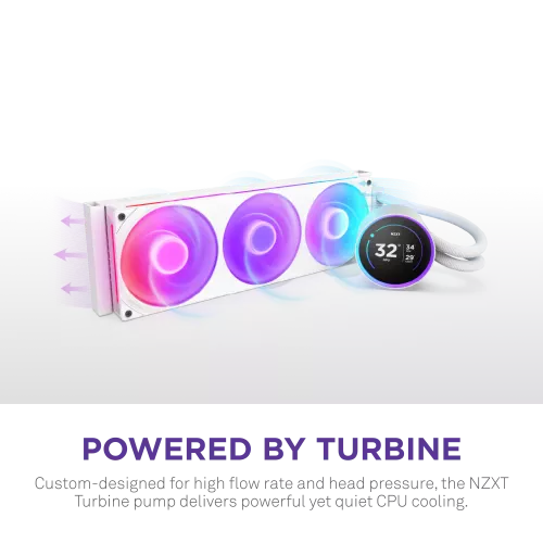 Система жидкостного охлаждения для ПК/ Water Cooling System NZXT Kraken Elite 420 RGB (350W, 420mm, LED temp., White/ Fans: 3x140mm, 98.61CFM, 34.5dBA, 2000RPM/ Pump height 65mm, 2800RPM, Rad thickness 27mm/ S: 1851, 1700, 1200, 115X, AM5, AM4) NZXT