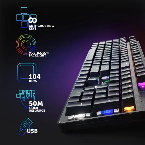 Клавиатура Оклик 970G Dark Knight: Механическая Игровая Клавиатура с LED Подсветкой, Черный/Серебристый, USB, 1.5м Кабель