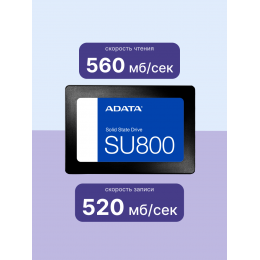 Твердотельный накопитель/ ADATA SSD Ultimate SU800, 256GB, 2.5" 7mm, SATA3, 3D TLC, R/W 560/520MB/s, IOPs 80 000/85 000, DRAM buffer 256MB, TBW 200, DWPD 0.7 (3 года)