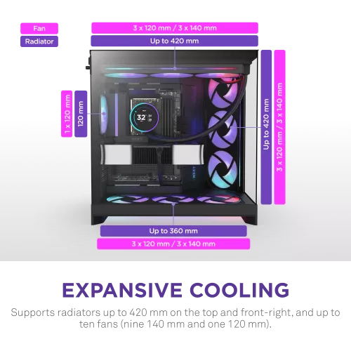 Корпус без блока питания/ Case NZXT H9 Flow RGB (2025), Midi-Tower, TG, 3x140mm RGB + 1x120mm, 2xUSB-A 3.2 + 1xUSB-C 3.2, E-ATX, ATX, mATX, mITX Black NZXT