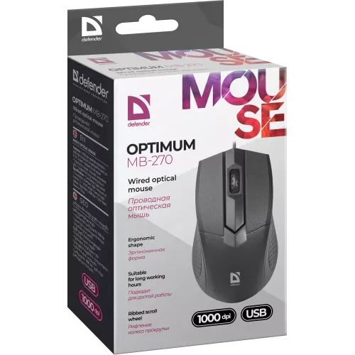 Купить Defender Проводную Оптическую Мышь Optimum MB-270 PRO: Черная, 3 Кнопки, 1200 DPI, 1.8 м, Тефлоновые Ножки