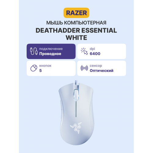 Игровая мышь Razer DeathAdder Essential - White Ed./ Razer DeathAdder Essential - White Ed. Gaming Mouse Razer