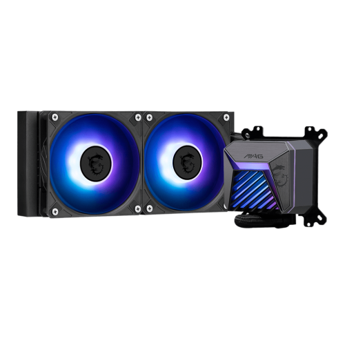 Система жидкостного охлаждения/ Water Cooling System MSI MAG CORELIQUID A15 240 (240W, 240mm, Black, ARGB/ Fans: 2x120mm, 64.89CFM, 28.7dBA, 2050RPM/ Pump 20dBA, 3400RPM, Rad thickness 27mm/ S: 1851, 1700, AM5, AM4) MSI