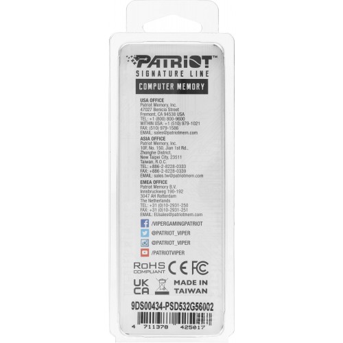 Оперативная память DDR5 32GB 5600MHz Patriot PSD532G56002 - Высокоскоростной Модуль DIMM 288-pin для Игровых ПК и Рабочих Станций