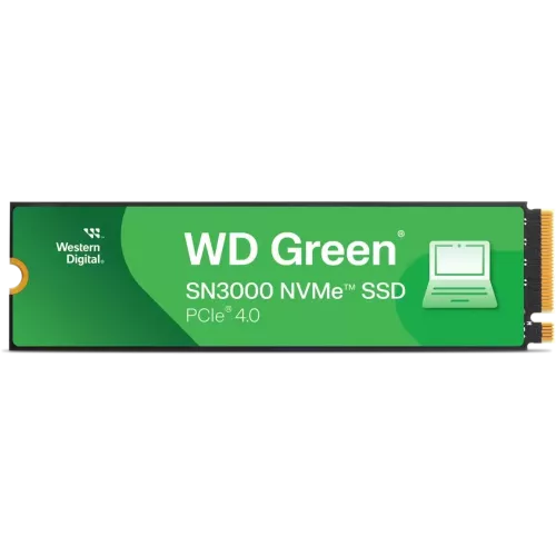 Твердотельные накопители/ WD SSD Green SN3000, 500GB, M.2(22x80mm), NVMe, PCIe 4.0 x4, QLC, R/W 5000/4100MB/s, TBW 100, DWPD 0.2 (12 мес.)