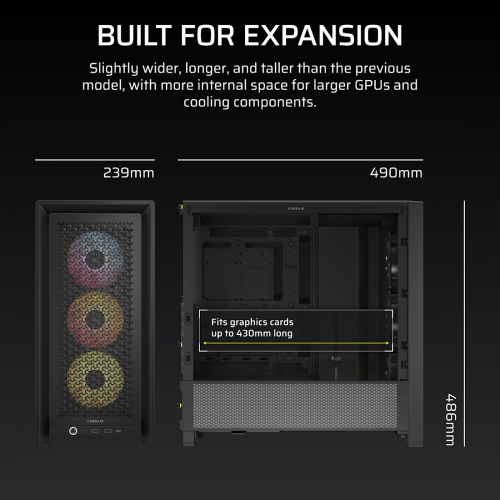 Корпус Corsair Frame 4000D RS ARGB - Midi-Tower без блока питания с RGB подсветкой, 3 вентилятора 120mm, поддержка E-ATX/ATX/mATX/mITX, черный