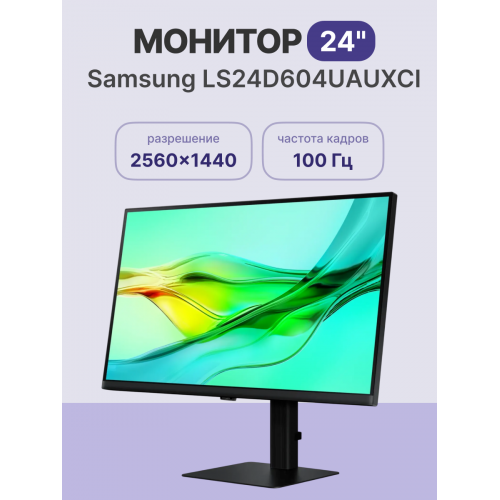 Монитор Samsung S24D604UAU/ Samsung S24D604UAU 24" LCD IPS monitor, 2560x1440, 5(GtG)ms, 350 cd/m2, 100Hz, MEGA DCR (static 1000:1), 178°(V)/178°(H), DP (IN); DP (OUT); HDMI; USB-C (90 Вт), USB 3.0x3Hub; Ethernet, HAS, VESA 100x100 mm, внутренний БП,