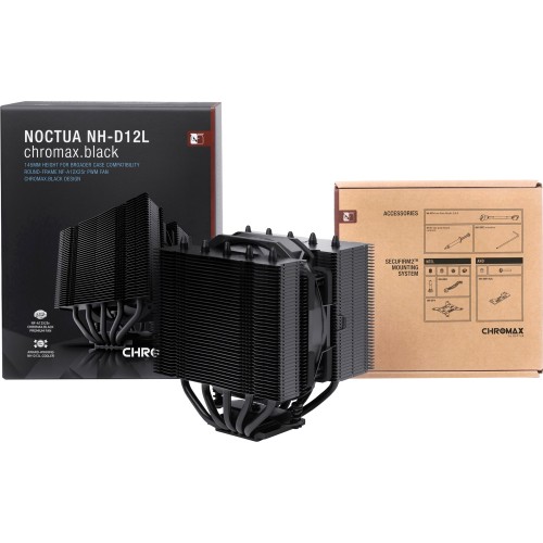 Кулер для процессора/ CPU Cooler Noctua NH-D12L chromax.black (148W, 4-pin PWM, 145mm, Al/Cu, 5x6mm, 1x120mm, 60.1CFM, 22.6dBA, 2000RPM, S: 1851/1700/1200/115X, AM5/AM4, Black)