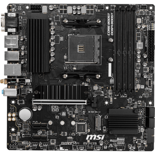 Материнская плата/ MB MSI AMD B550 sAM4, 4xDDR4(128GB), D-SUB/HDMI 2.1/DP, 1xPCIe 4.0x16, 2xPCIe 3.0, 1xLAN, Wi-Fi, BT, 4xSATA 6Gb/s, 2xM.2, 4xUSB 3.2, 2xUSB 2.0, 1xPS/2, mATX