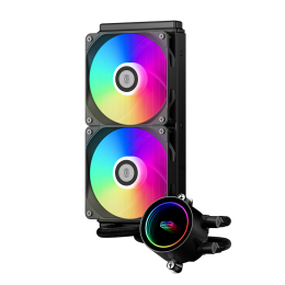 Система охлаждения/ Water Cooling System PCCooler DA240 ARGB BK (270W, 240mm, Black, ARGB/ Fans: 2x120mm, 73.6CFM, -dBA, 1800RPM/ Pump height 55mm, -dBA, 3000RPM, Rad thickness 27mm/ S: 1851, 1700, 1200, 20XX, 115X, AM5, AM4)