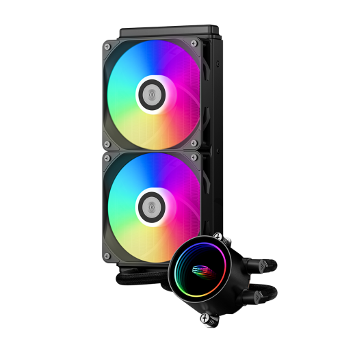 Система охлаждения/ Water Cooling System PCCooler DA240 ARGB BK (270W, 240mm, Black, ARGB/ Fans: 2x120mm, 73.6CFM, -dBA, 1800RPM/ Pump height 55mm, -dBA, 3000RPM, Rad thickness 27mm/ S: 1851, 1700, 1200, 20XX, 115X, AM5, AM4) PcCooler