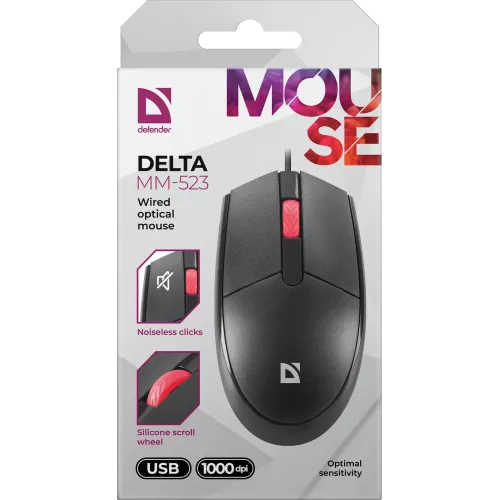 Defender Проводная оптическая мышь Delta MM-523 черн,3D,бесшумная,1,8м,1000dpi Defender