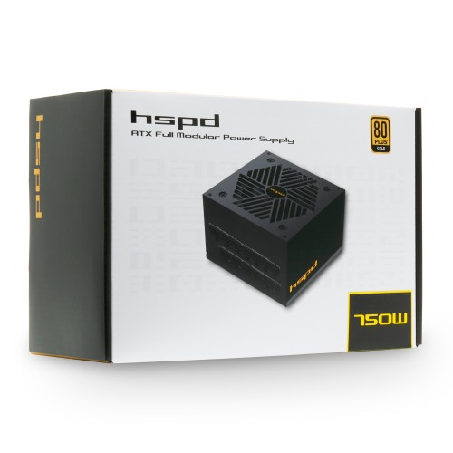 Блок питания/ Power Supply HSPD, 750W 80+ Gold (ATX, 2.52, Full modular, 1x24(20+4)pin mesh 550mm, 1xCPU*2 8(4+4)pin 650+150mm, 2xPCIe*2 8(6+2)pin 500+150mm, 2xSATA*3 450+150+150mm, 1xMOLEX4pin*3 450+150+150mm , Active, 120x120mm, 150x140x86mm, APFC, OVP,