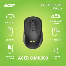 Мышь компьютерная/ Беспроводная мышь ACER OMR300 оптическая (1600dpi) беспроводная (6but) black