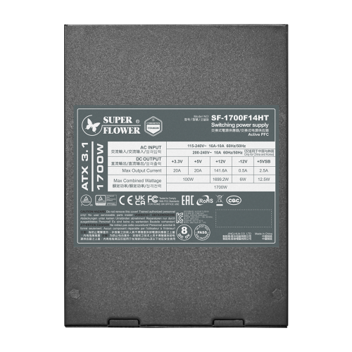 блок питания 1700 Ватт/ Power Supply Super Flower Leadex VII, 1700W, ATX, 140mm, 2x12V-2x6, 16xSATA, 2xCPU 8(4+4), 6xPCI-E(6+2), APFC, 80+ Titanium, Full Modular Super Flower