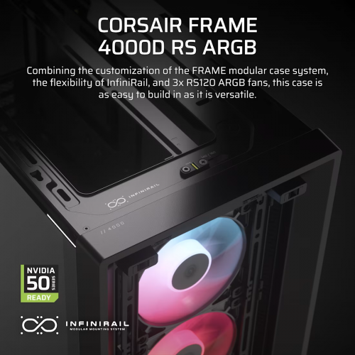 Корпус Corsair Frame 4000D RS ARGB - Midi-Tower без блока питания с RGB подсветкой, 3 вентилятора 120mm, поддержка E-ATX/ATX/mATX/mITX, черный